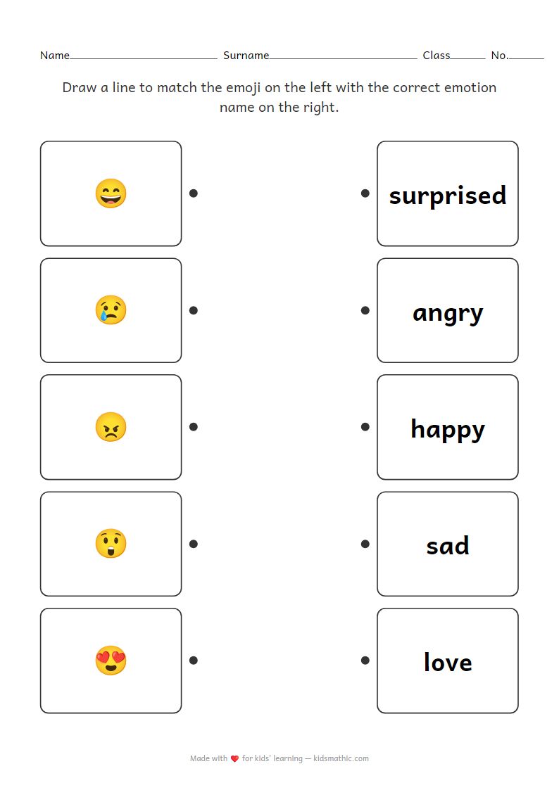 Kindergarten Emoji Emotion Matching Worksheet