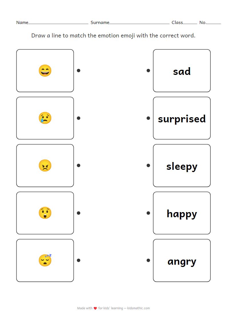 Emotions Matching Worksheet: Emoji to Word for Preschoolers