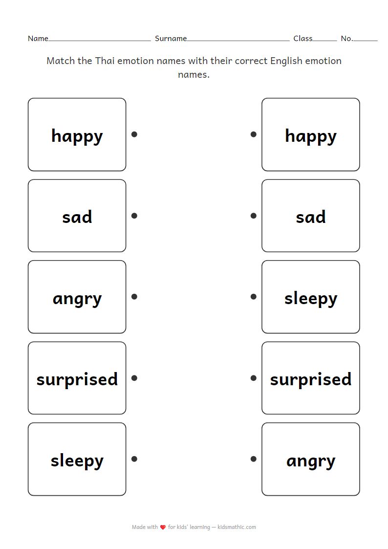 Thai-English Emotion Name Matching Worksheet for Preschoolers