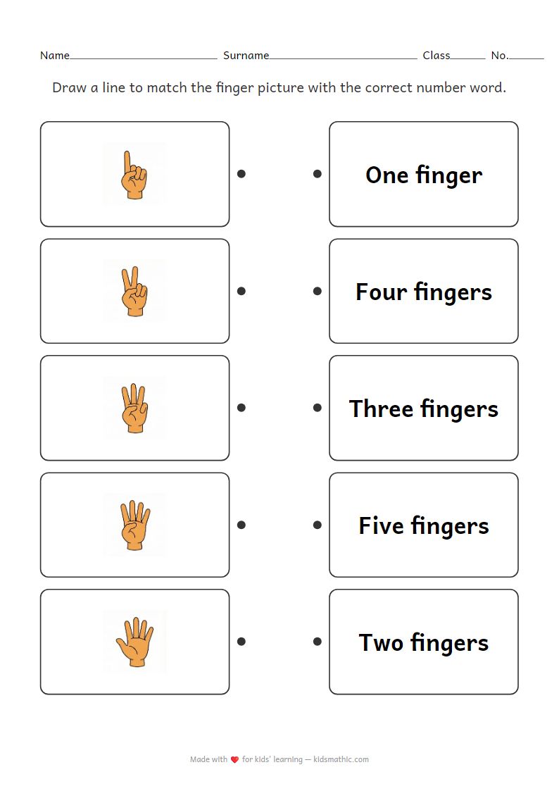 Finger Counting 1-5 Matching Worksheet for Preschoolers