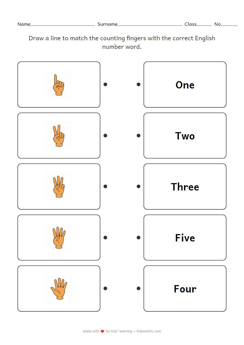Fingers Counting 1-5 English Number Matching Worksheet for Preschoolers