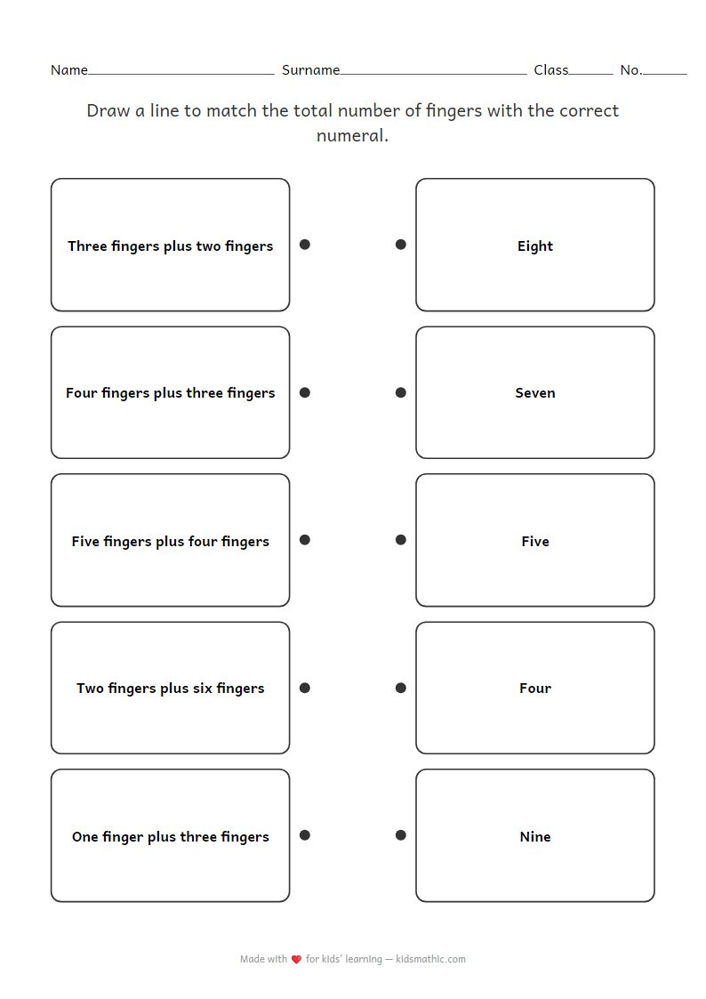 Finger Sum Matching Worksheet for Kindergarten