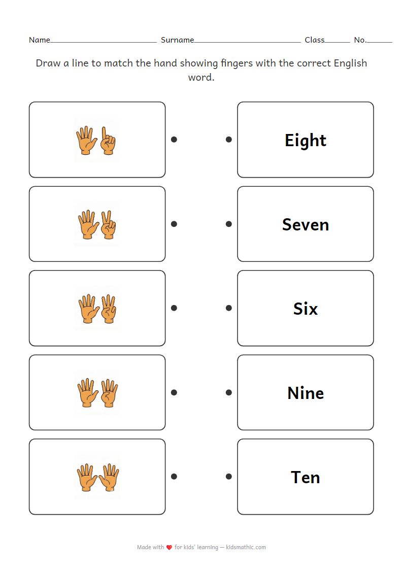 Fingers 6-10 Matching Worksheet with English Words for Preschoolers