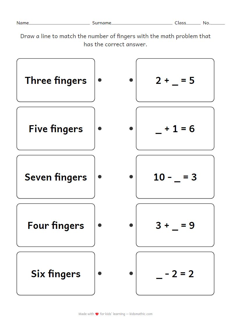 Fingers Count and Missing Number Math Matching Worksheet for Preschool