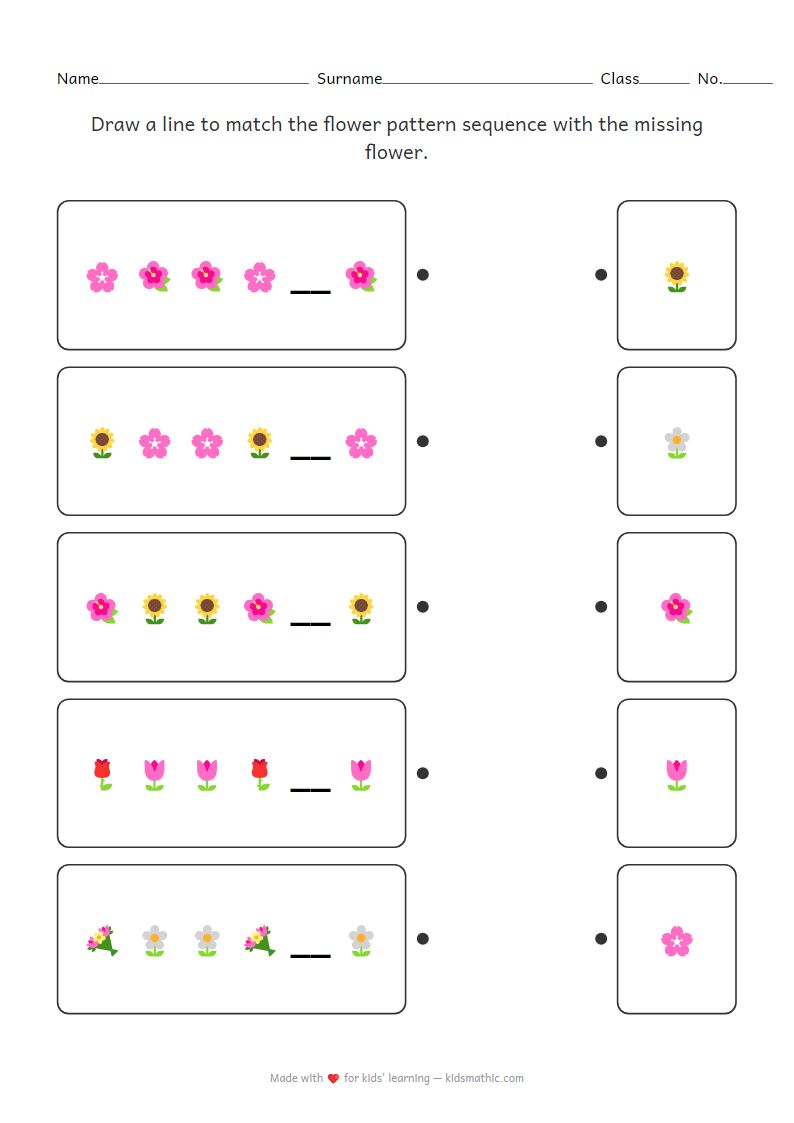 Flower Emoji Pattern Matching Worksheet for Kindergarten