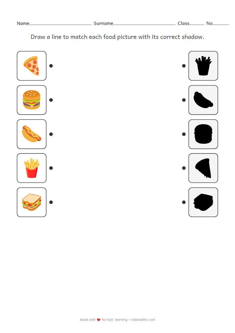 Food Shadow Matching Worksheet for Preschoolers