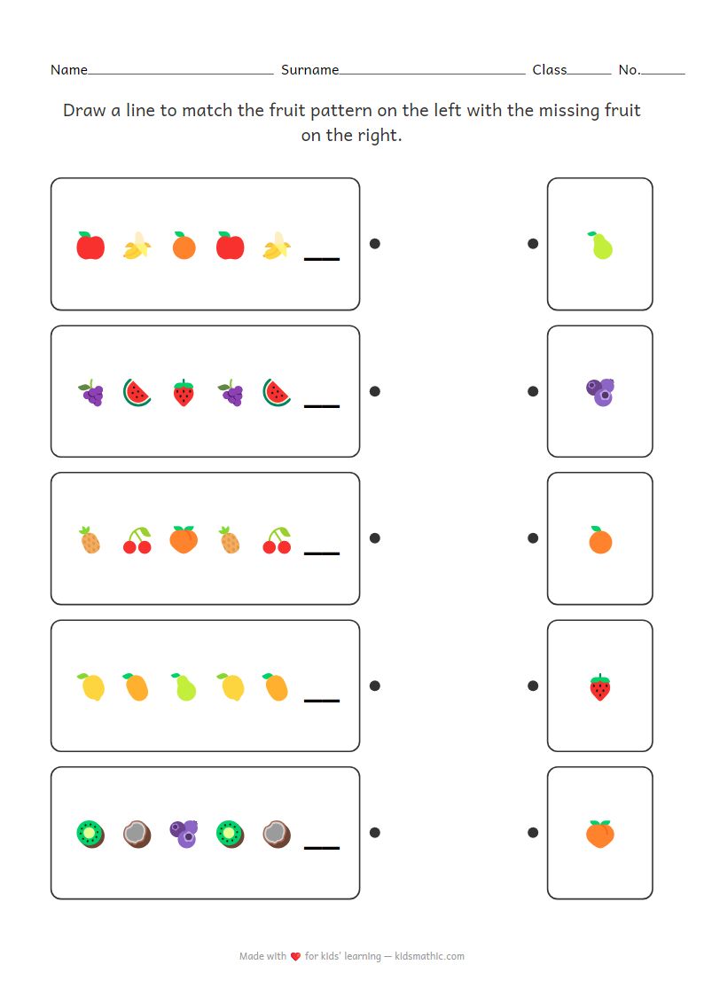 ABC Fruit Pattern Matching Worksheet for Preschoolers