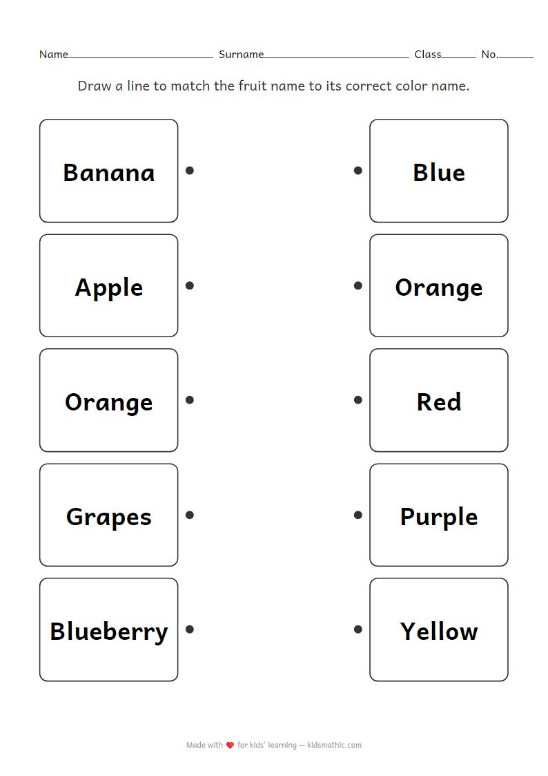 Fruit Name and Color Name Matching Worksheet for Preschoolers