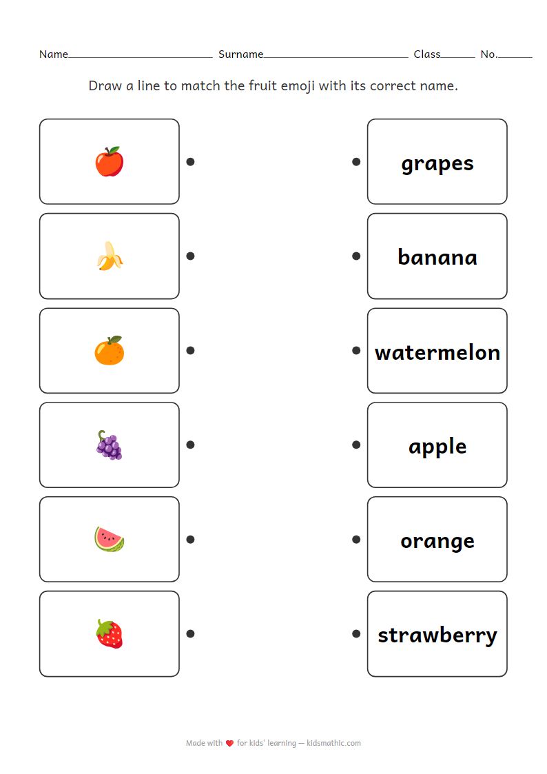 Fruit Emoji to Name Matching Worksheet for Preschoolers