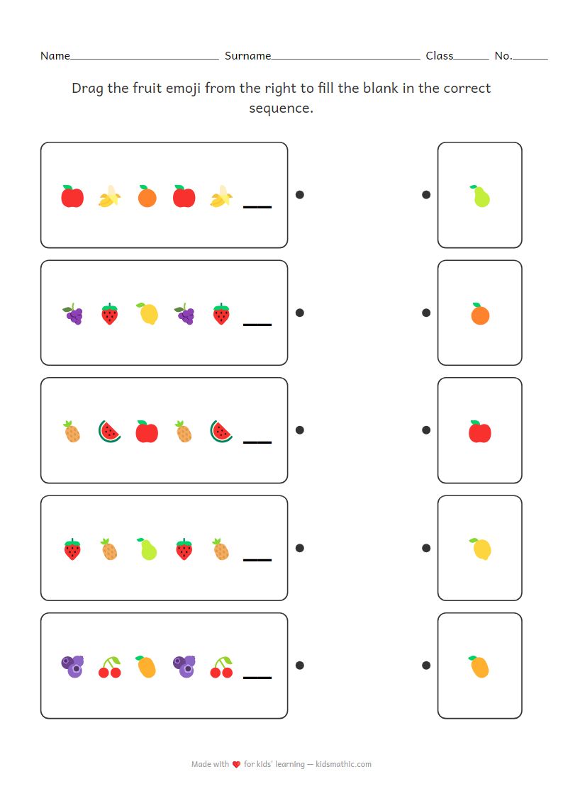 Fruit Emoji Pattern Matching Worksheet for Preschoolers