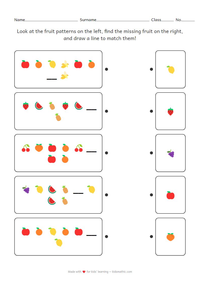 Fruit Pattern Matching Worksheet for Preschoolers