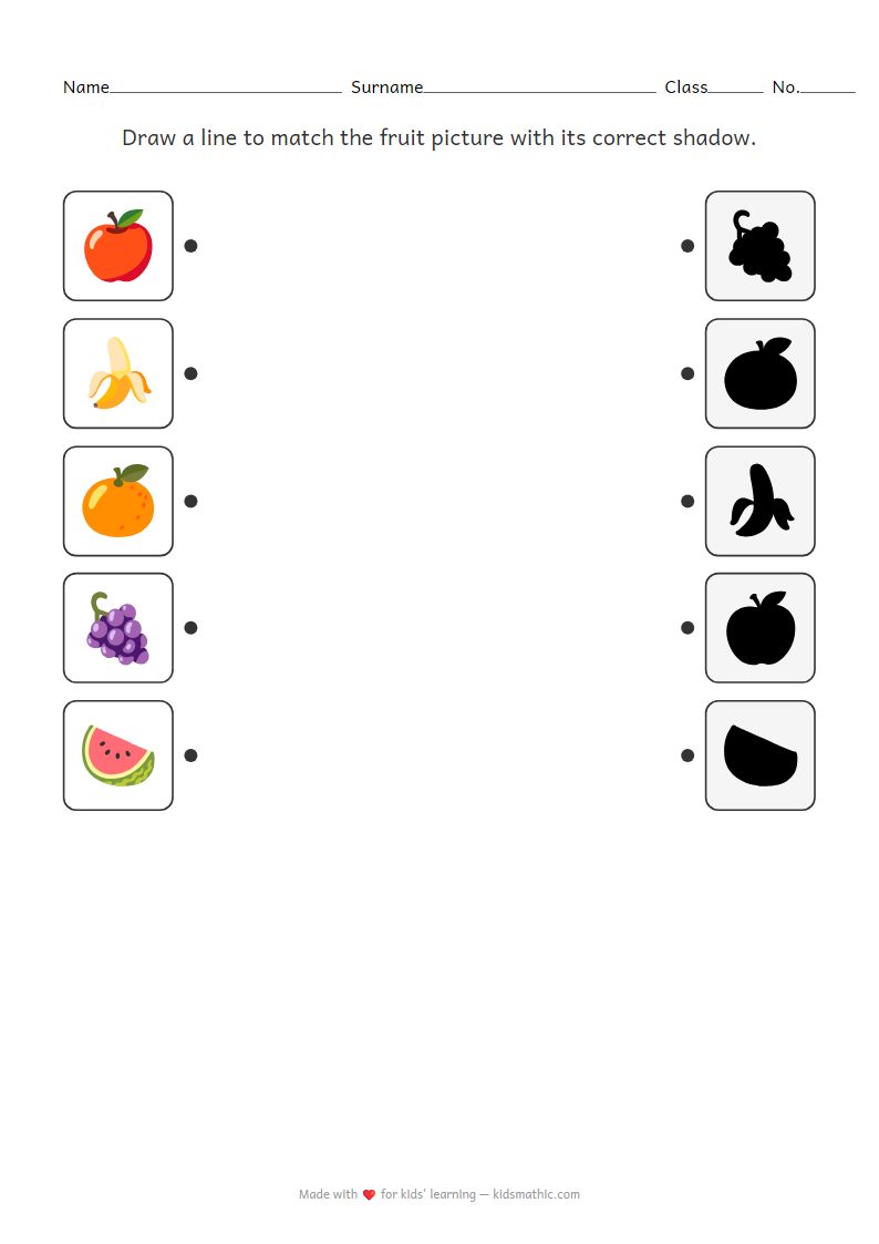 Fun Fruit Shadow Matching Worksheet for Preschoolers