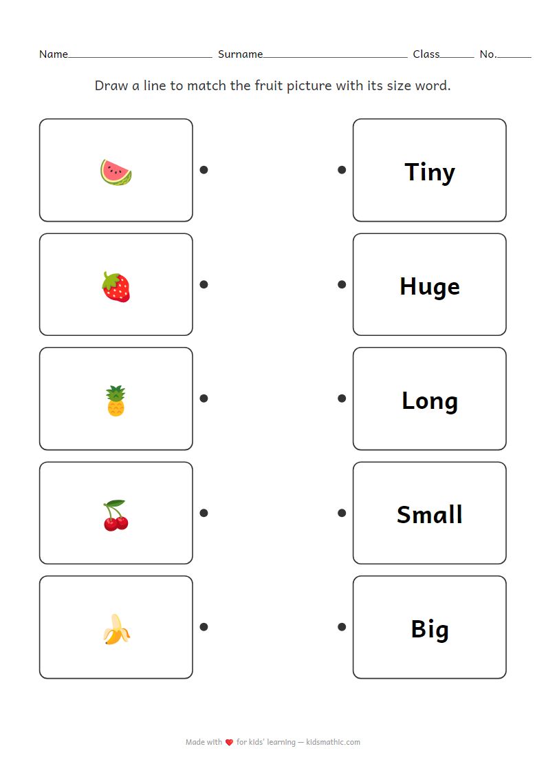 Fruit and Size Matching Worksheet for Preschoolers