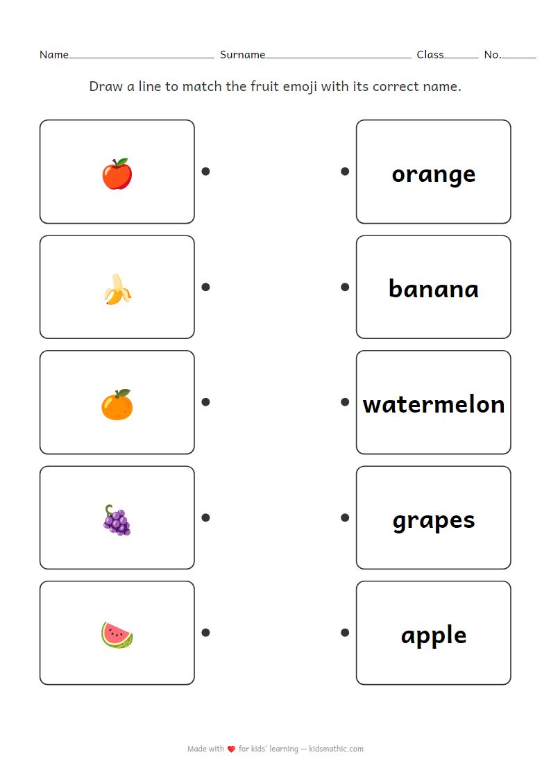 Fruit Emoji to Name Matching Worksheet for Preschoolers