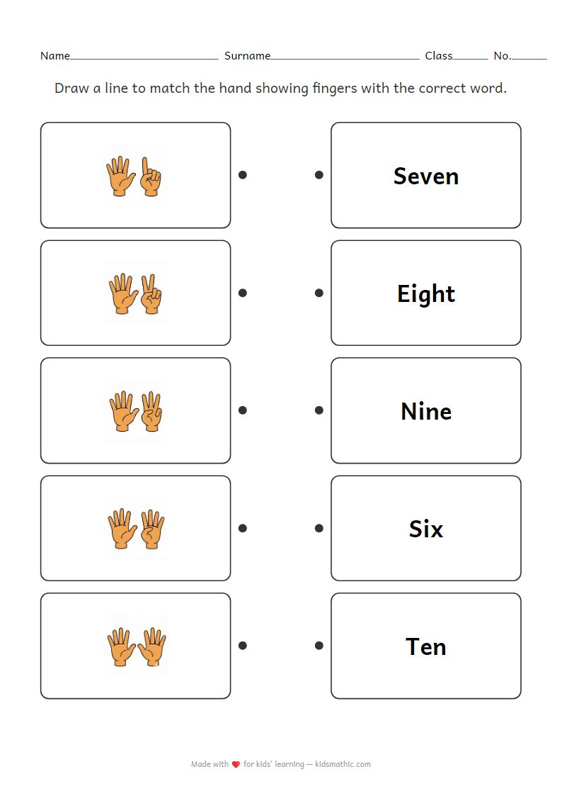 Matching Worksheet: Hand Counting 6-10 for Preschoolers