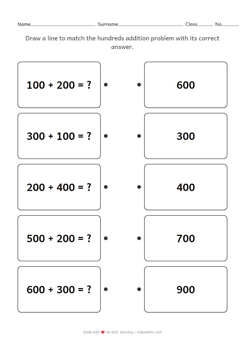 Hundreds Addition Matching Worksheet for Grade 2