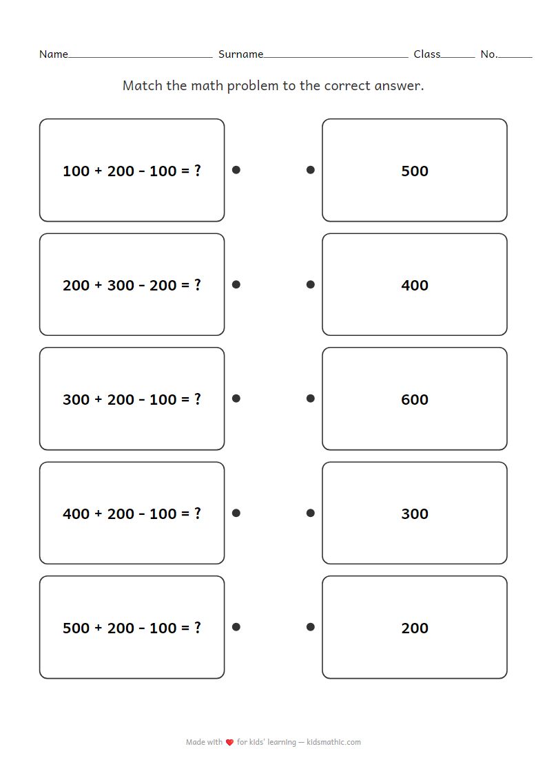 Hundreds Addition and Subtraction Matching Worksheet for Grade 2
