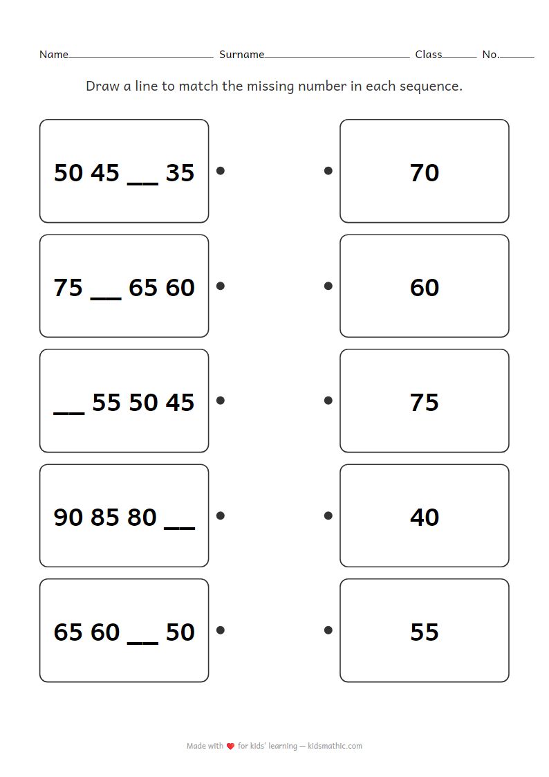 Kindergarten Math Worksheet: Match Decreasing Number Sequences by 5