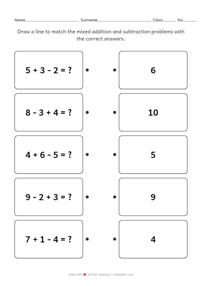 Kindergarten 3 Mixed Math Problems Matching Worksheet