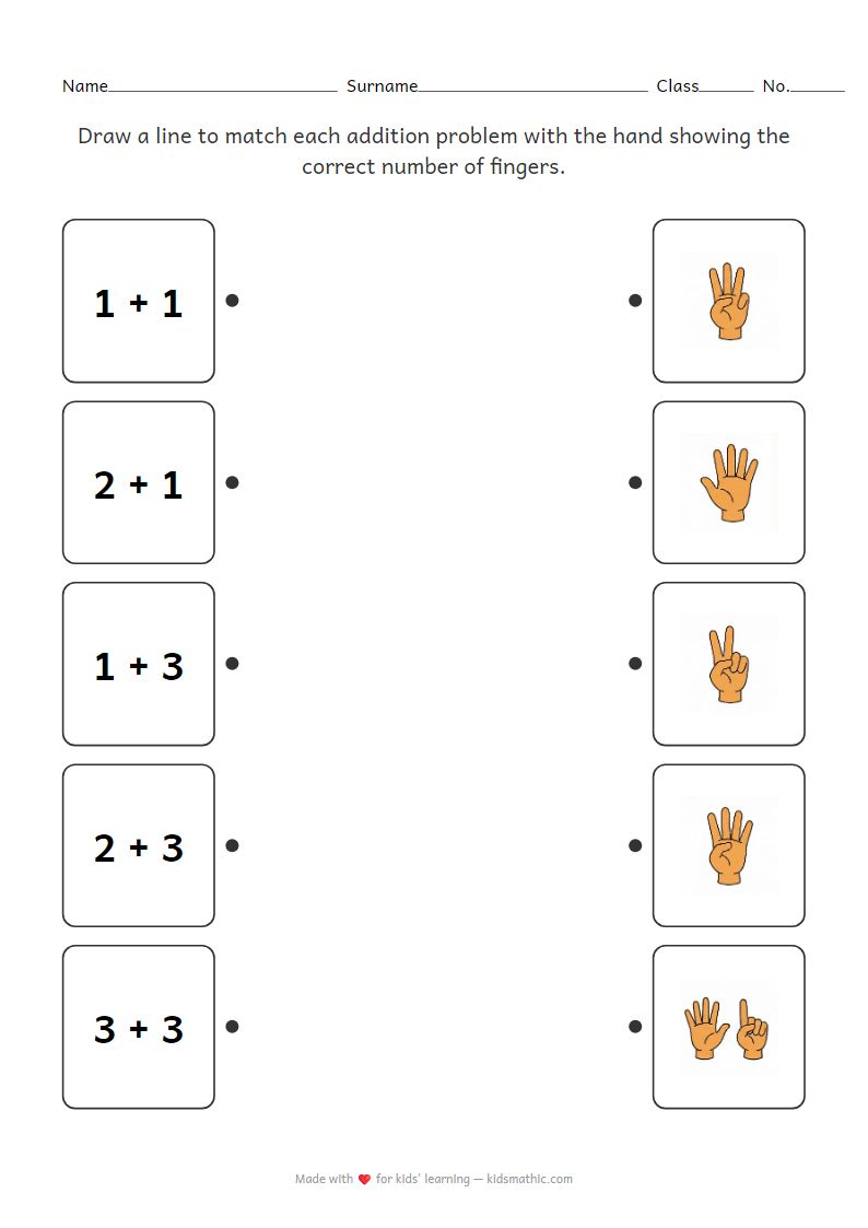 Kindergarten Addition Matching Worksheet: Sums and Finger Counting