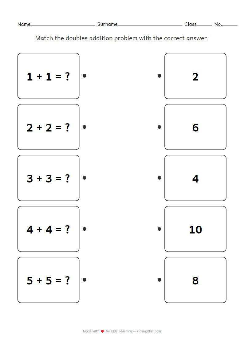 Kindergarten Doubles Addition Matching Worksheet