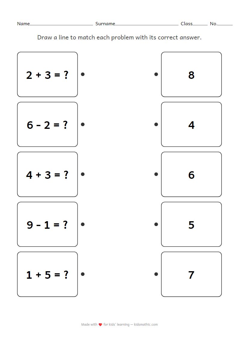 Kindergarten Simple Addition Subtraction Math Matching Worksheet