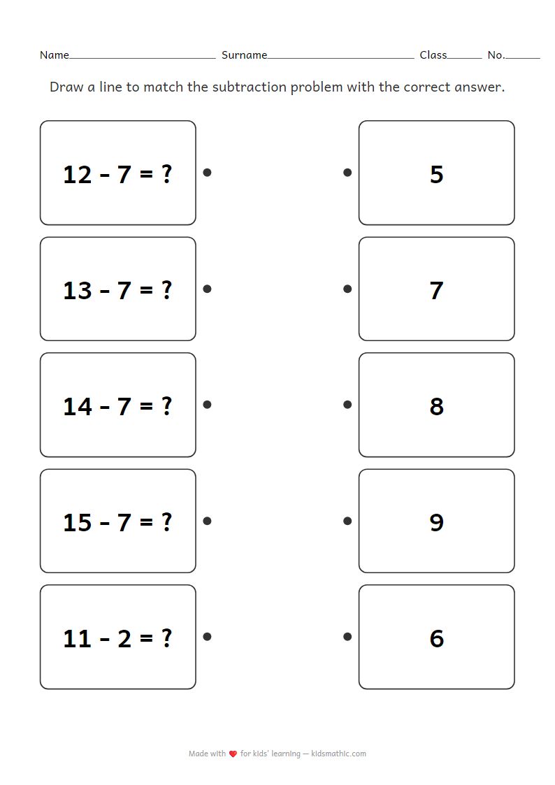 Kindergarten Subtraction Matching Worksheet: Two-Digit Problems