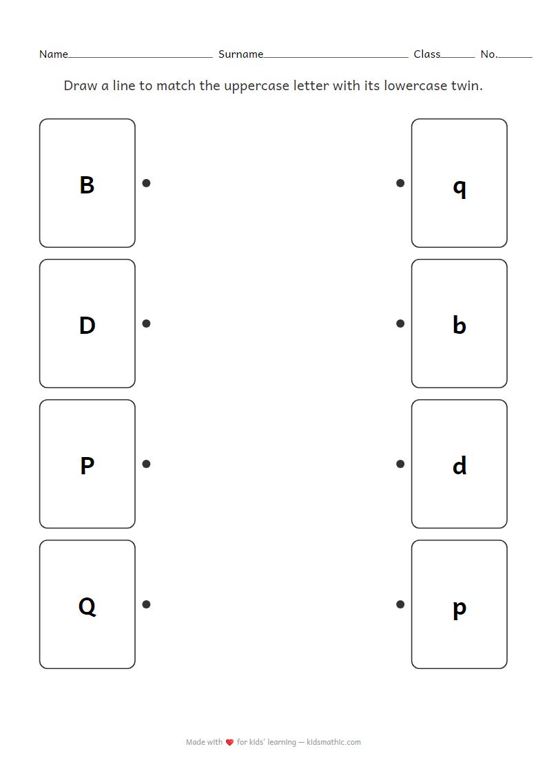 Letter Matching Worksheet Uppercase to Lowercase B D P Q for Preschoolers