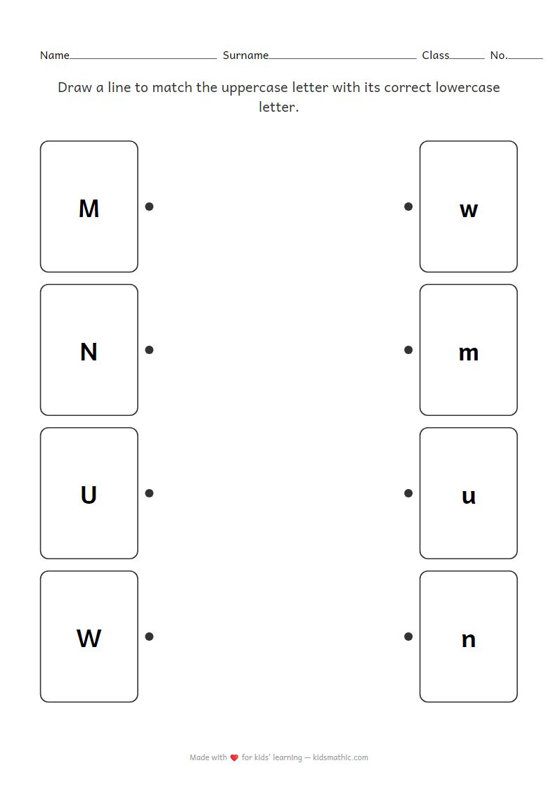 Matching Uppercase and Lowercase Letters (M, N, U, W) Worksheet for Kindergarten