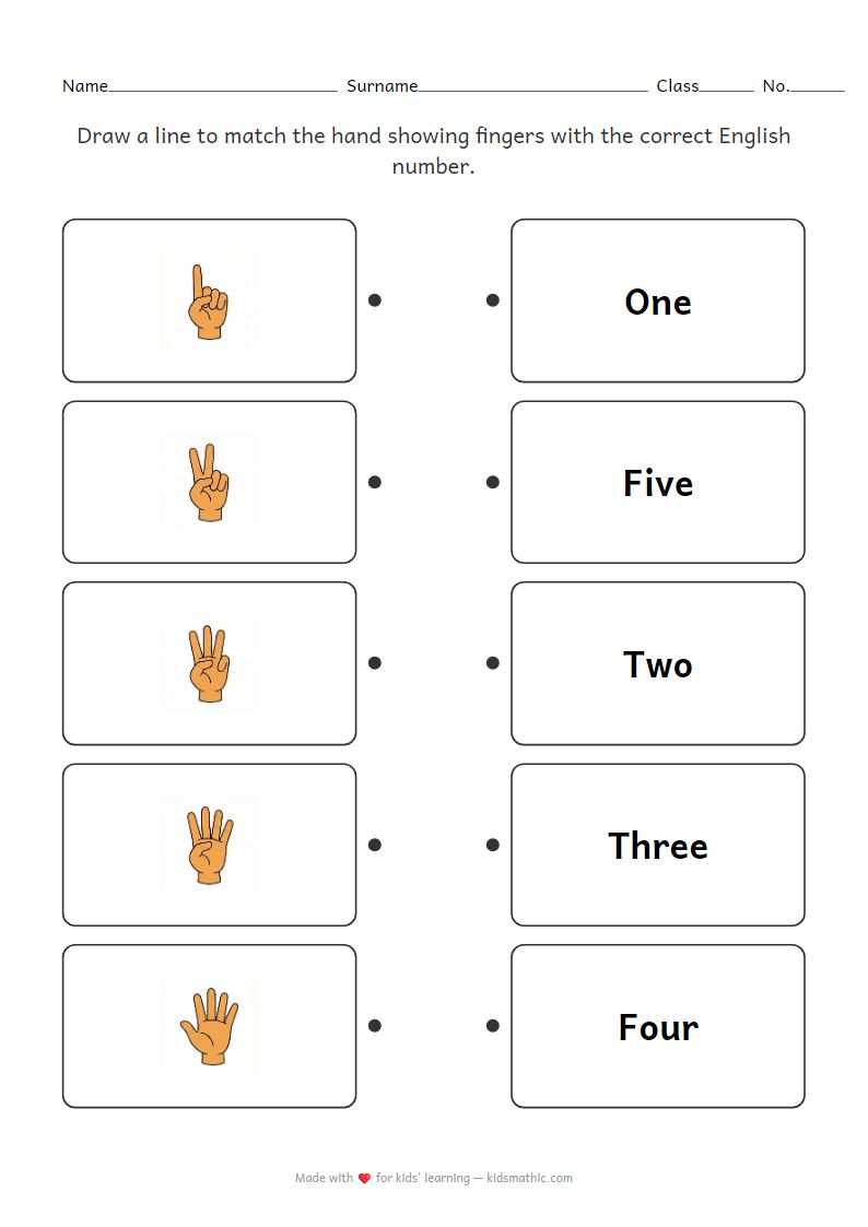 Kindergarten Matching Worksheet: Fingers to English Numbers 1-5