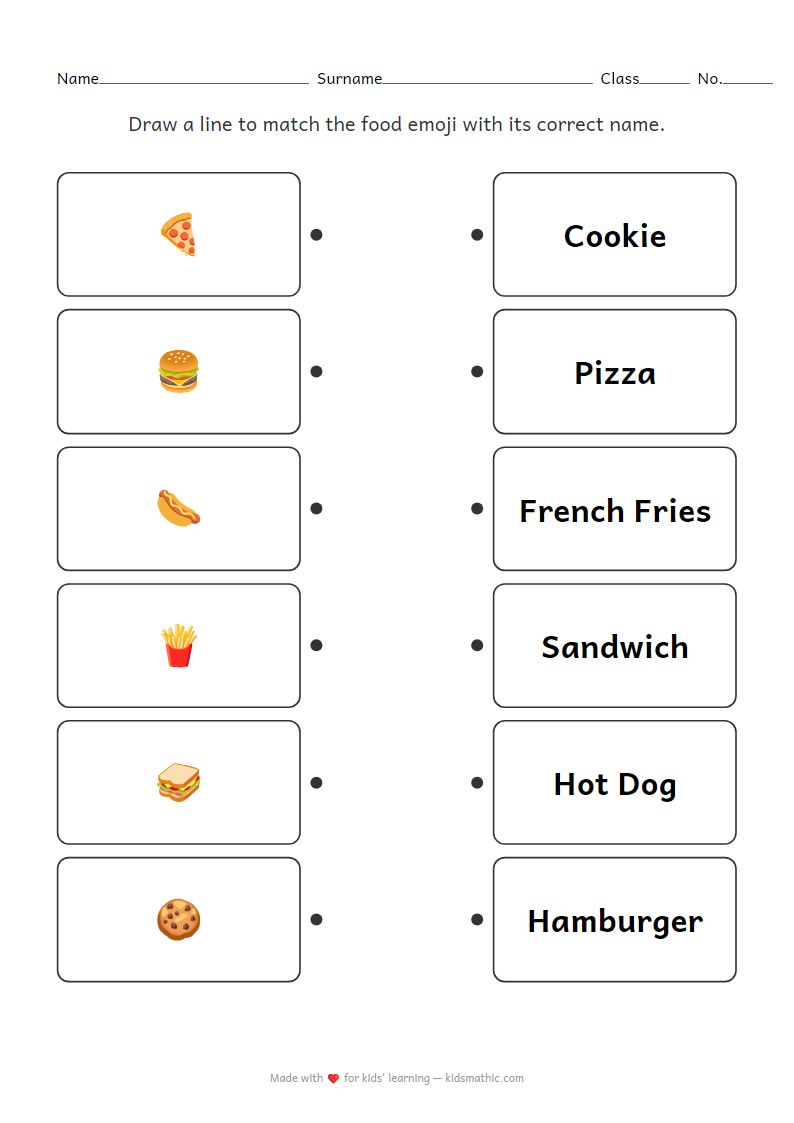 Food Emoji to Name Matching Worksheet for Preschoolers