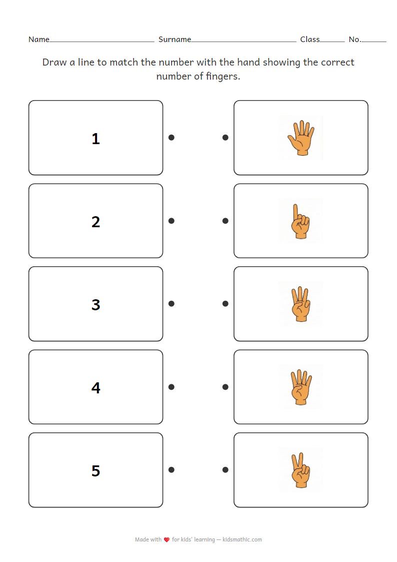 Math Worksheet: Match Numbers 1-5 with Finger Counting for Kindergarten