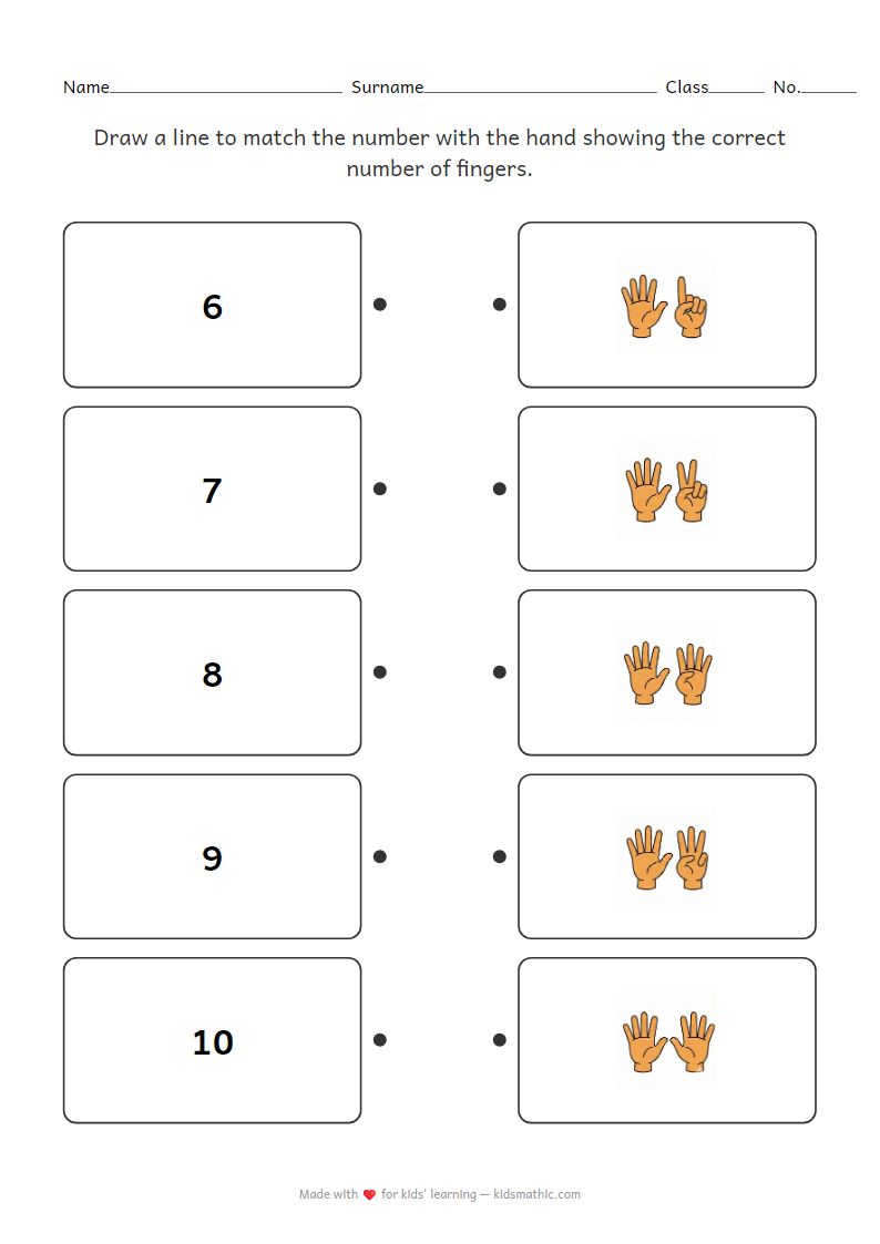 Number to Finger Counting Match Worksheet for Preschoolers (6-10)