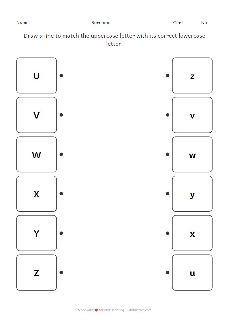 Uppercase Lowercase Letter Matching Worksheet U-Z for Preschool Kids