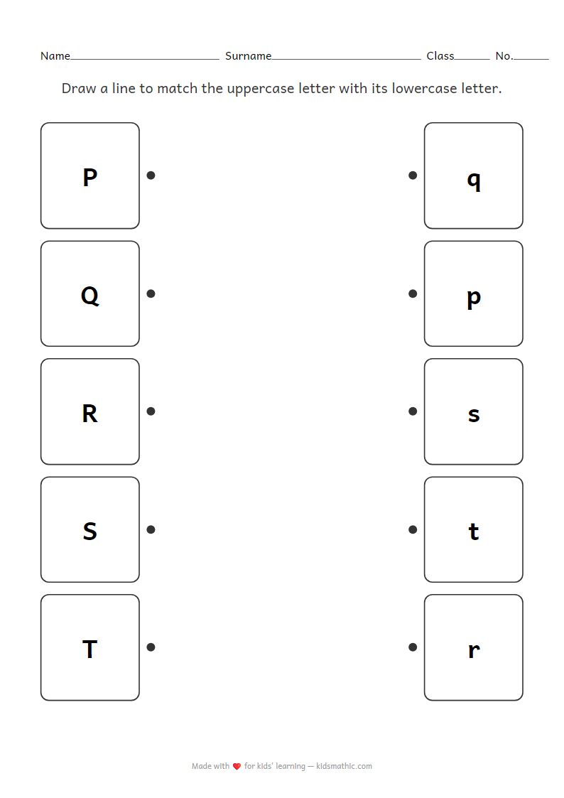 Uppercase Lowercase Letter Matching P-T Worksheet for Preschoolers