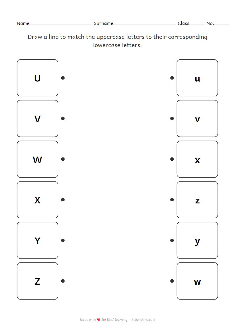 Uppercase to Lowercase Letter Matching Worksheet U-Z for Preschoolers
