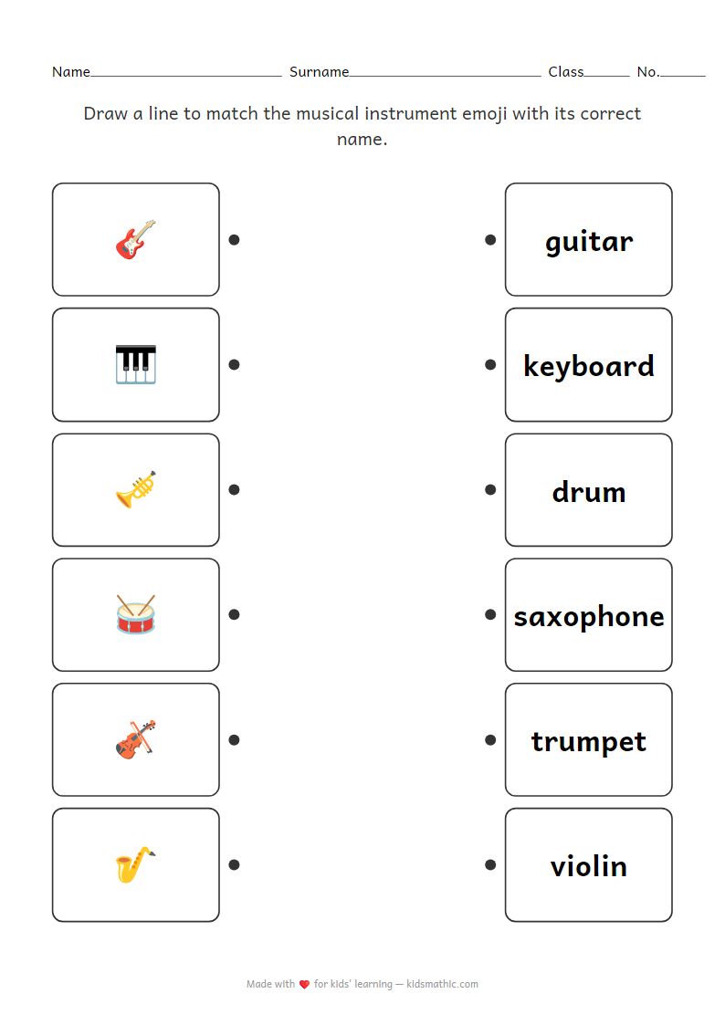 Musical Instrument Emoji and Name Matching Worksheet for Preschool