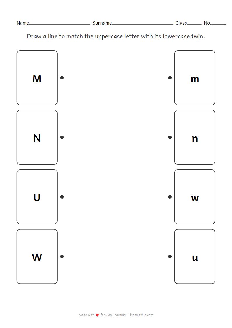 Uppercase to Lowercase Letter Matching Worksheet (M N U W) for Preschool Kids