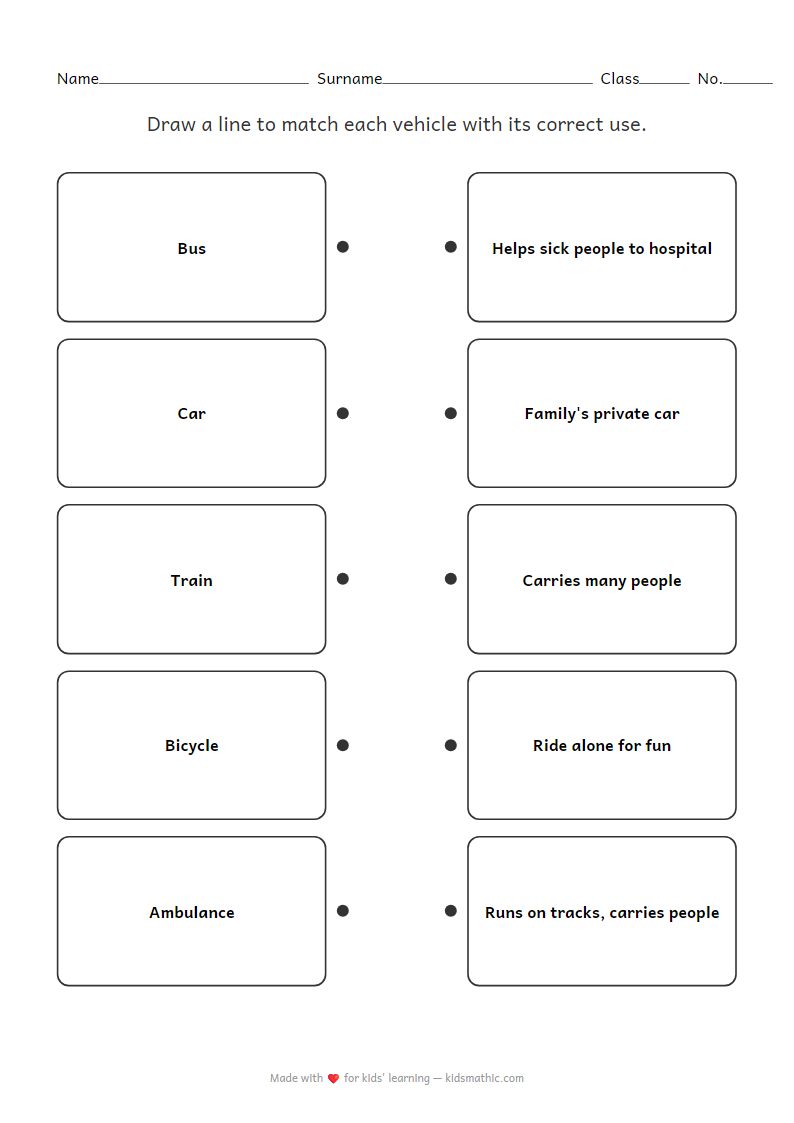 Worksheet: Matching Vehicles to Their Use (Public-Private) for Kindergarten