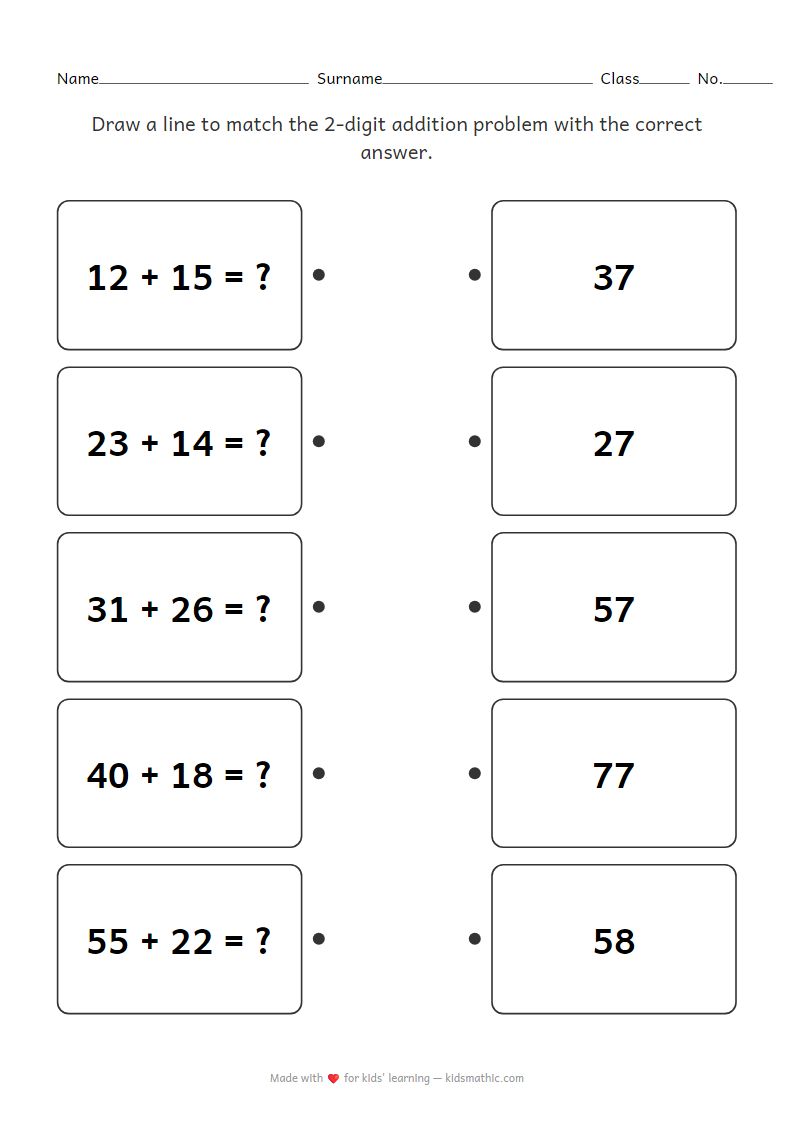 2-Digit Addition Matching Worksheet for Grade 2 (No Regrouping)
