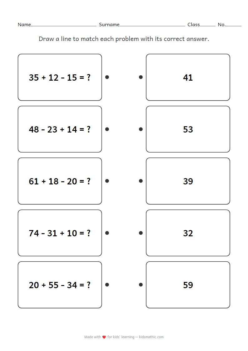 2-Digit Mixed Addition and Subtraction Matching Worksheet for Grade 2