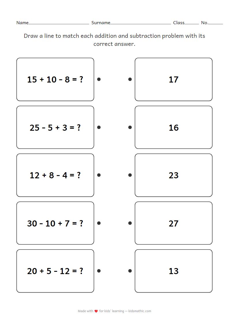 Mixed Addition Subtraction Matching Worksheet for Grade 1