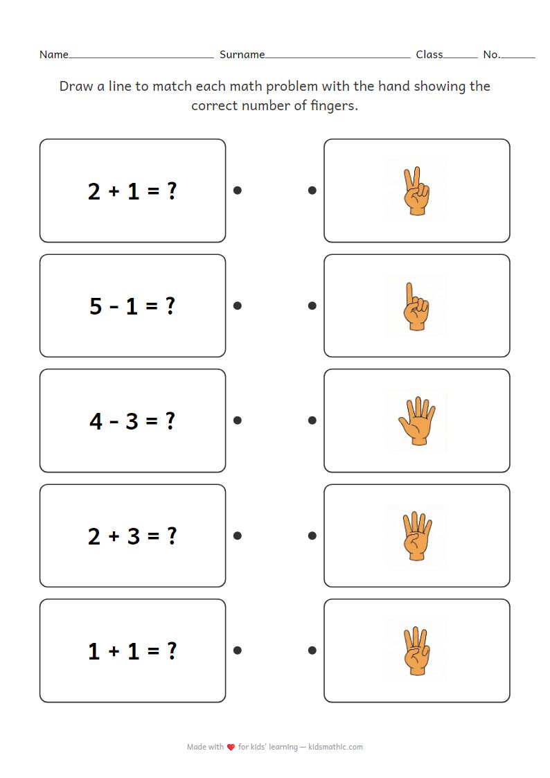 Kindergarten Math Worksheet: Match Equations to Finger Counting Hands