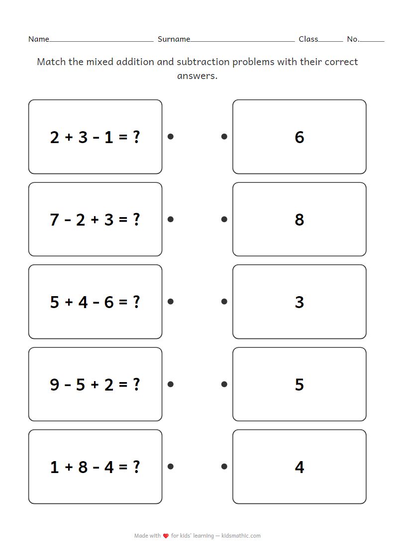 Kindergarten Mixed Addition Subtraction Matching Worksheet