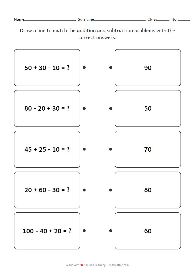 Math Worksheet: Mixed Addition and Subtraction Problems Matching Up to 100 for Grade 2