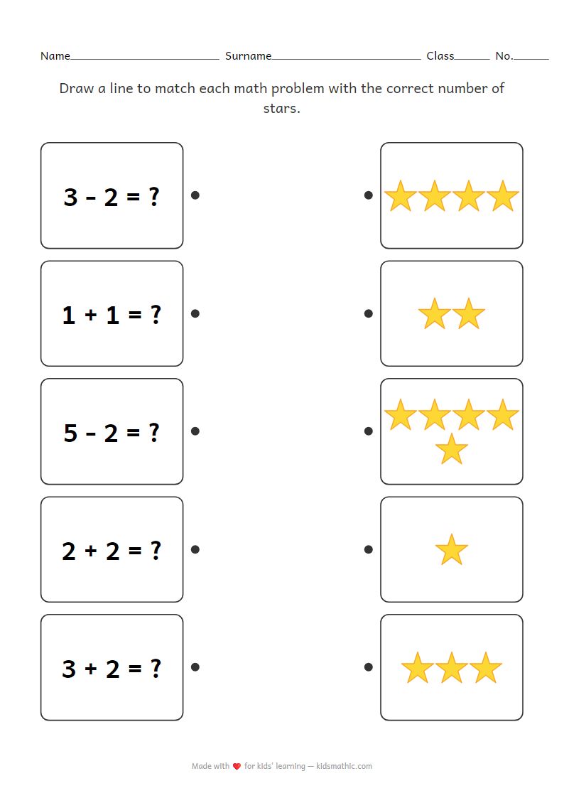 Kindergarten Math Worksheet: Matching Mixed Operations to Stars