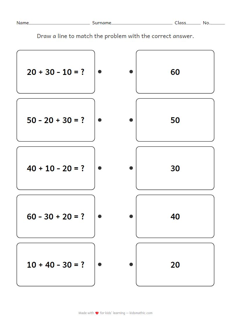 Tens Addition and Subtraction Matching Worksheet for Grade 1