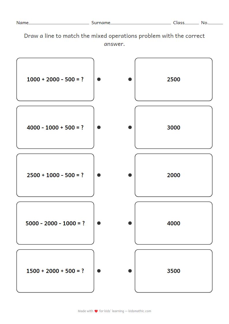 Thousands Mixed Operations Matching Worksheet for Preschoolers