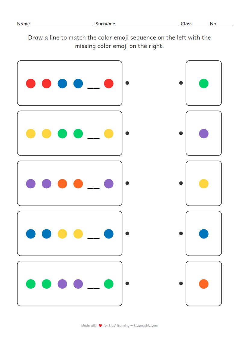 Missing Emoji Color Pattern Matching Worksheet Kindergarten