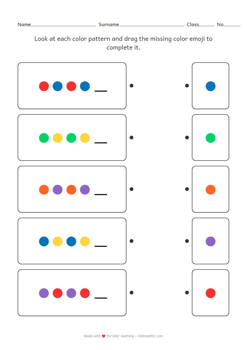 Missing Color Pattern Matching Worksheet for Preschoolers